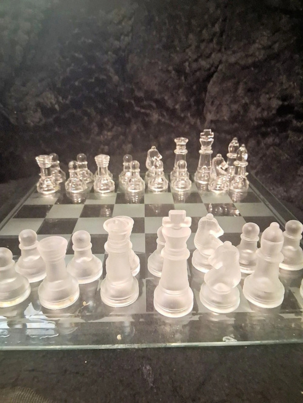 Clear & Black Glass Chess Set with Checkered Board